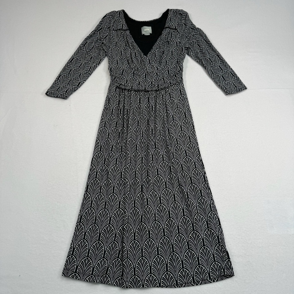 Maeve Black White Galena 3/4 Sleeve Midi Dress Womens Size S Lined Waist Detail